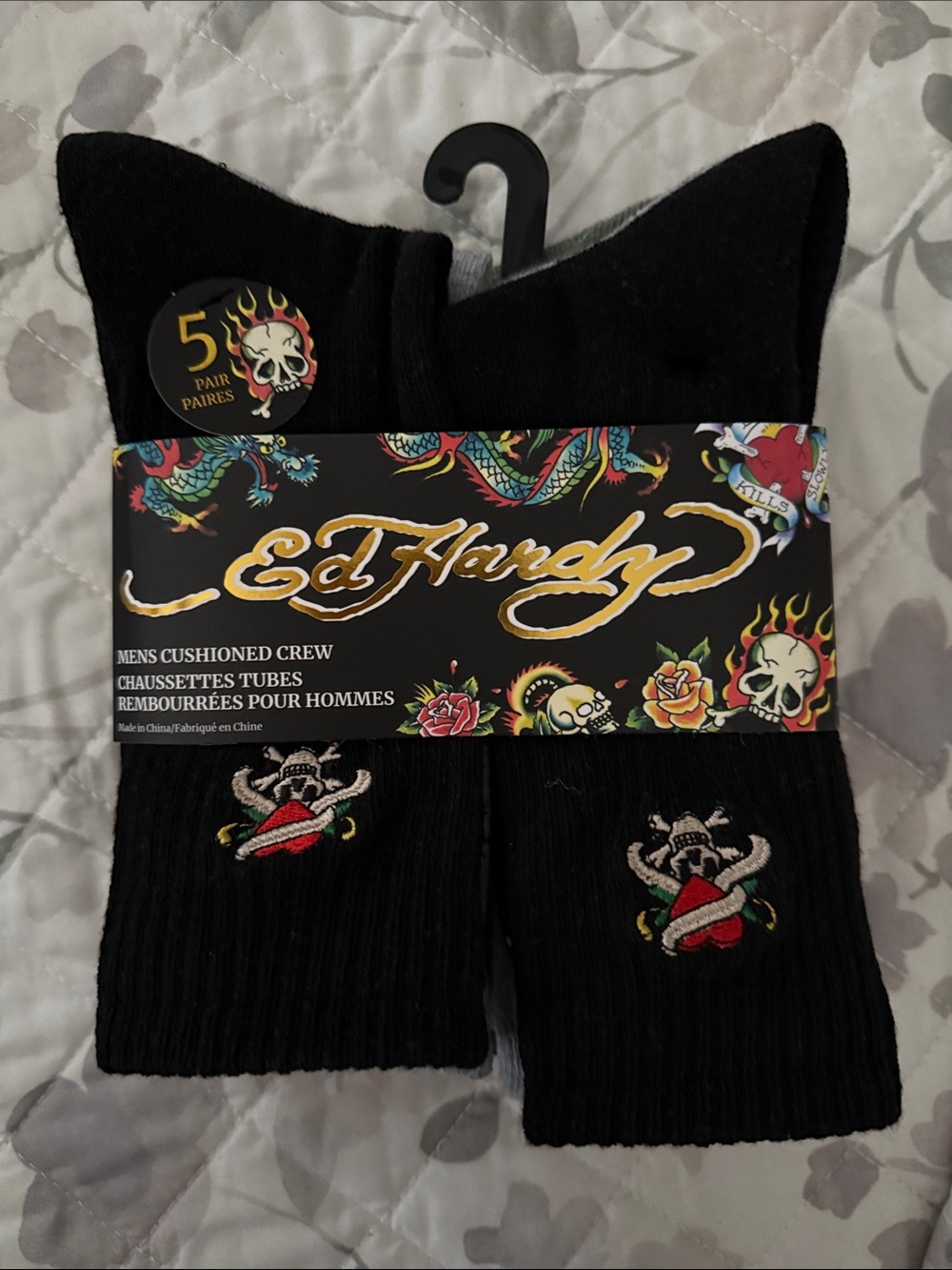 Ed Hardy Men's Black Crew Socks with heart Design